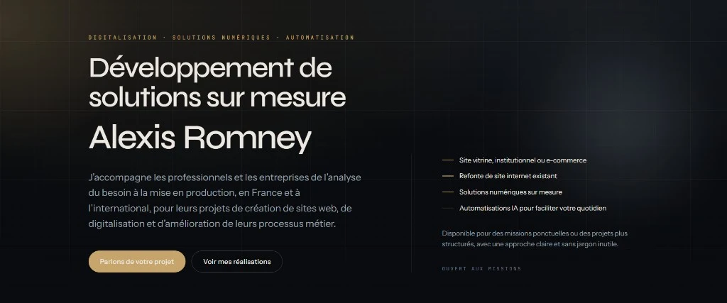 Aperçu du portfolio Alexis Romney : hero, positionnement et appels à l’action