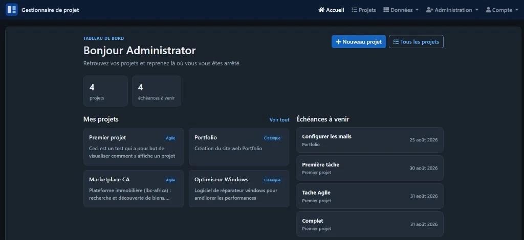 Accueil Gestionnaire de projet — projets et échéances