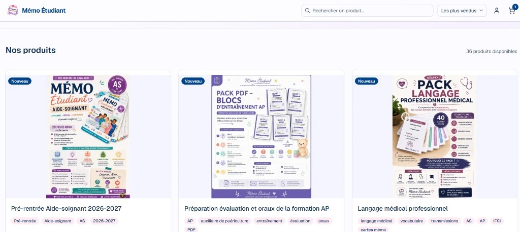 Catalogue Mémo Étudiant — packs et fiches de révision